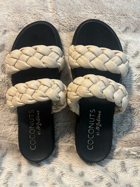Coconuts by Matisse Braided Double-Strap Slide Sandals in Cream and Black